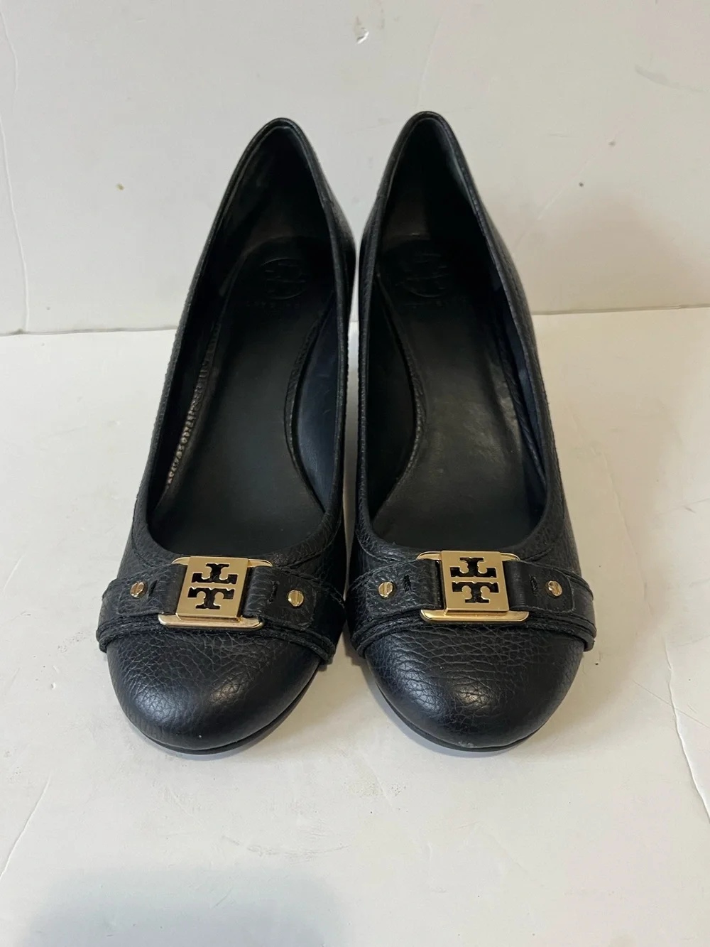 Tory Burch Black Leather Wedge Pumps with Gold Accent size 9M